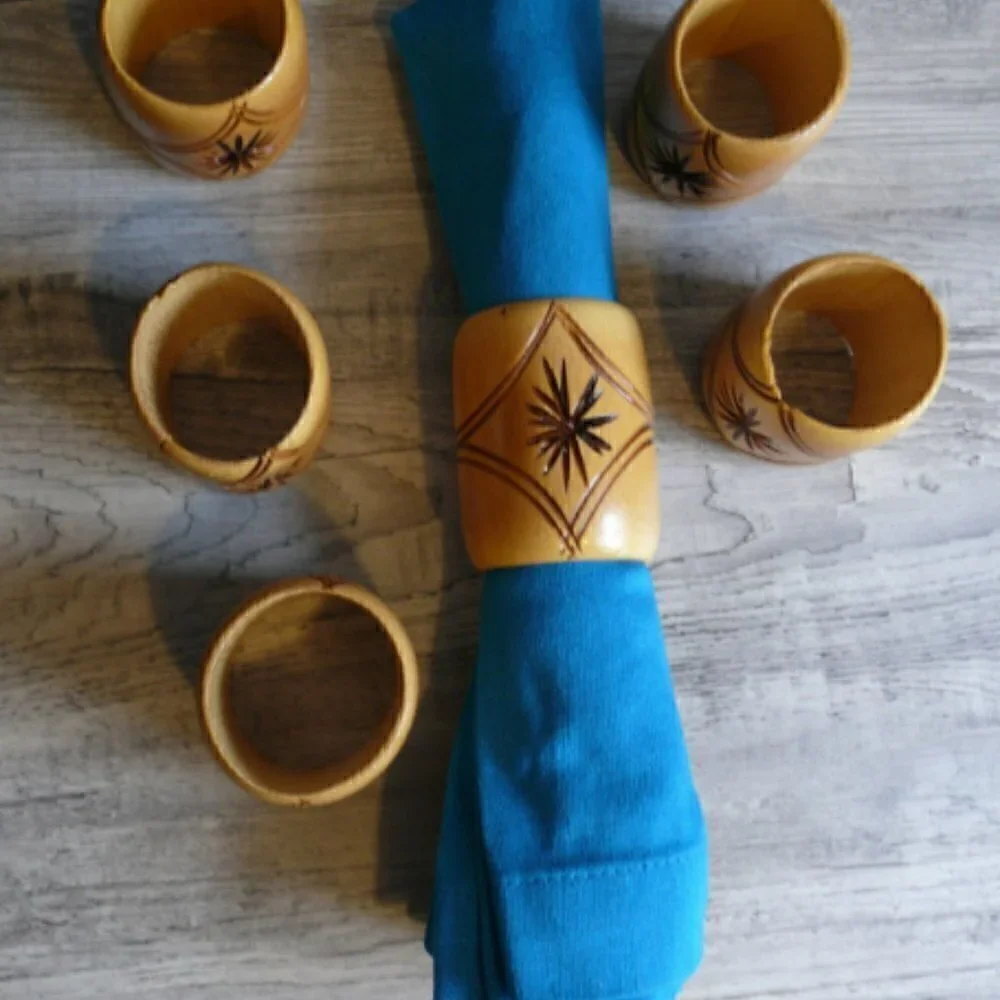 Bamboo Napkin Rings Etched Star Set of Six Vintage Wood Tableware Serving